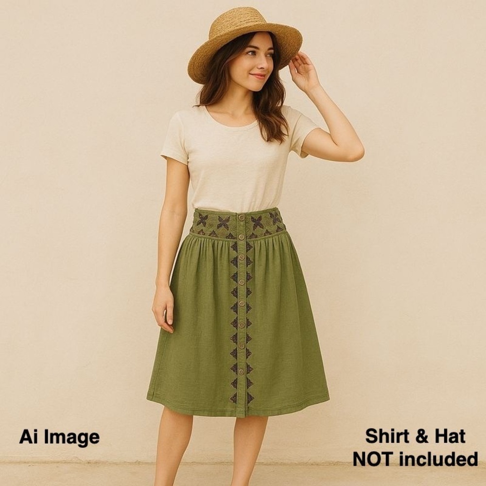 Maeve Anthropologie Embroidered Button Front Midi Skirt Olive Green Sz 4 Peasant